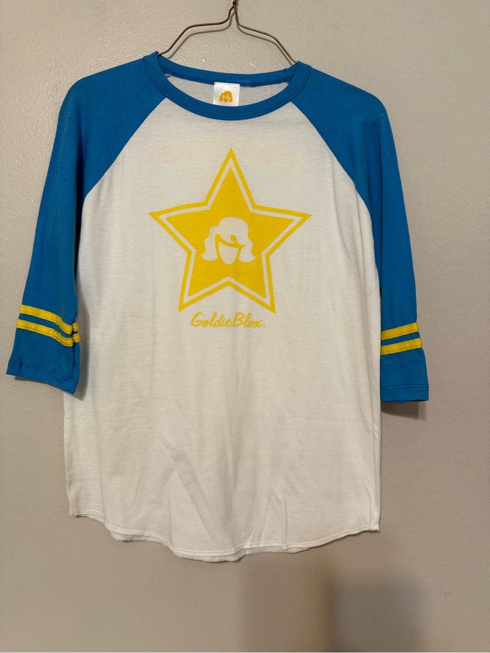 Goldie White Tee with Blue Raglan Sleeves & Yellow Star
